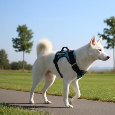 Chien blanc debout avec un harnais anti traction chien vert.