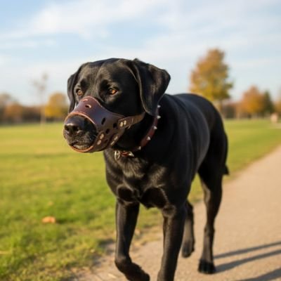 Labrador noir équipé d’une muselière pour chien dans un parc ensoleillé.
