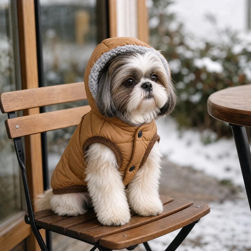 Shih Tzu portant un manteau pour chien brun matelassé avec capuche en polaire assis sur une chaise extérieure.