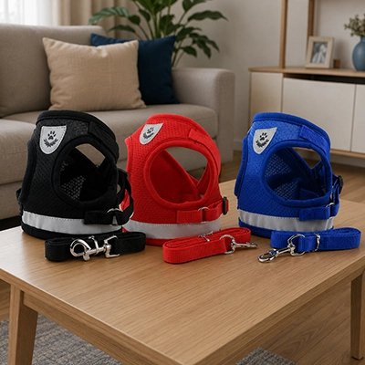 Trois harnais chien rouge, noir et bleu présentés sur une table de salon
