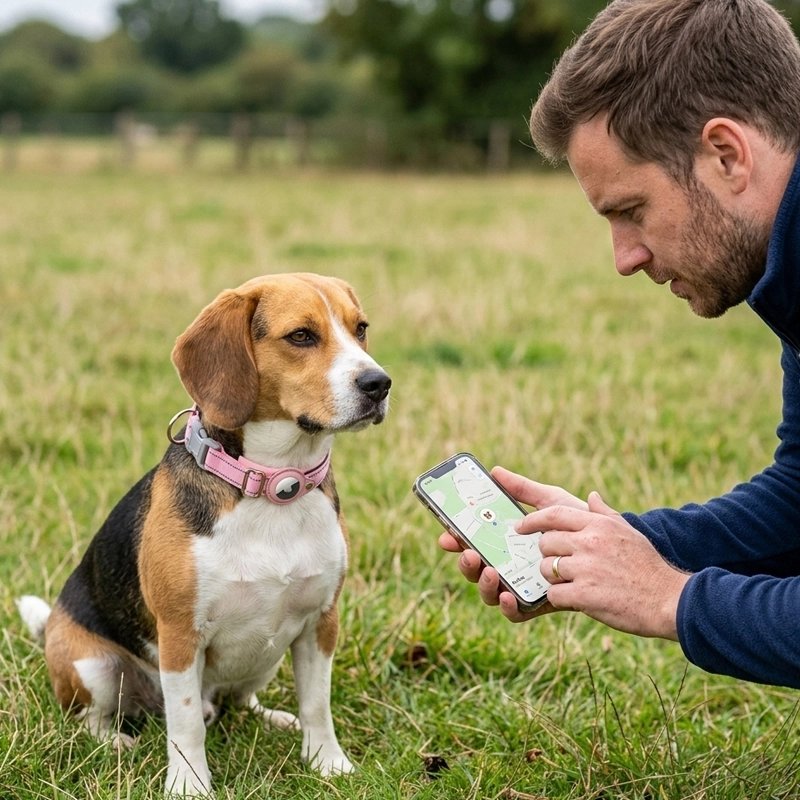 Beagle assis dans un champ portant un collier chien rose avec traceur, à côté d’une personne consultant une carte sur smartphone.