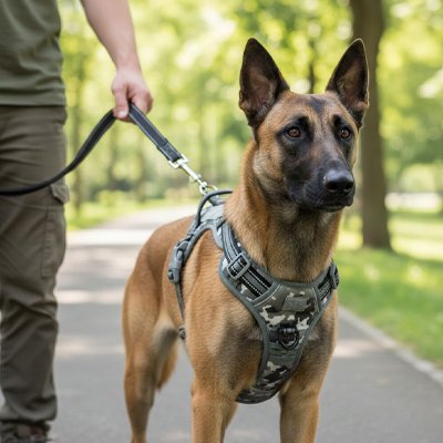 Berger allemand en laisse portant un harnais chien anti traction gris clair sur un chemin boisé 
