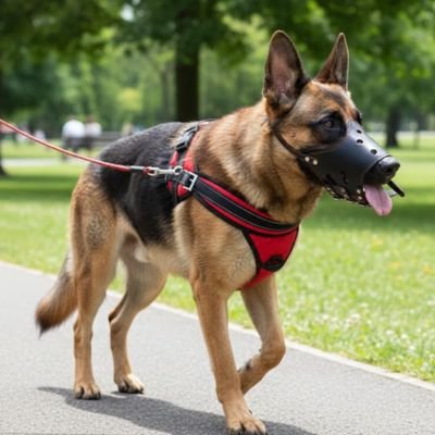 Berger Allemand équipé d’une muselière pour chien sur un chemin en plein air.