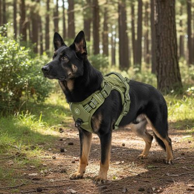 Berger allemand foncé portant un harnais chien anti traction vert armé dans la forêt 