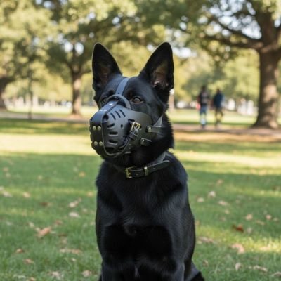 Berger allemand noir avec muselière pour chien dans un parc verdoyant.