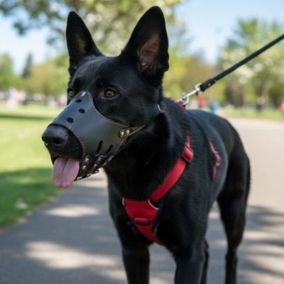 Berger Allemand noir portant une muselière pour chien dans un parc verdoyant.