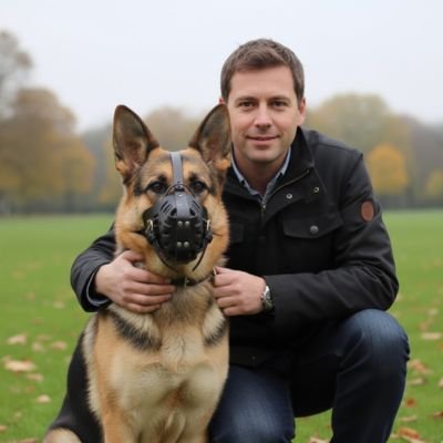 Berger allemand portant une muselière pour chien lors d’un entraînement en extérieur.