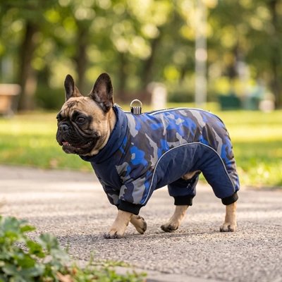 Bouledogue français portant un manteau pour chien camouflage bleu et gris lors d’une promenade au parc.