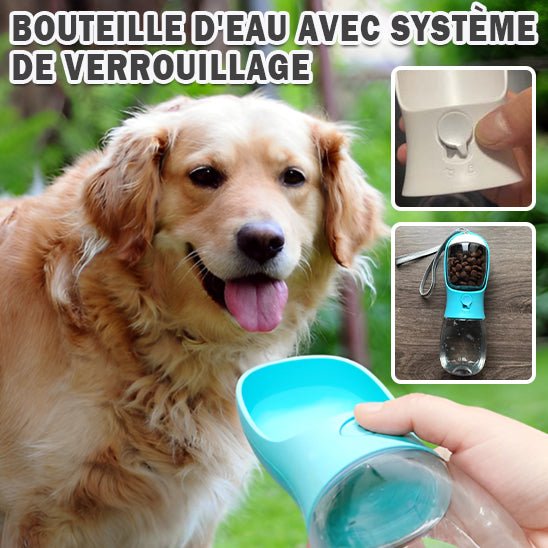 Golden retriever boit dans le Gourde Chien Promenade 2-en-1 | HydroSnack™-une bouteille portable bleue avec un verrou sécurisé. Des encarts mettent en évidence le mécanisme de verrouillage et le rangement des croquettes. Le texte en français fait la promotion de cette fonctionnalité : "Système de verrouillage sécurisé".