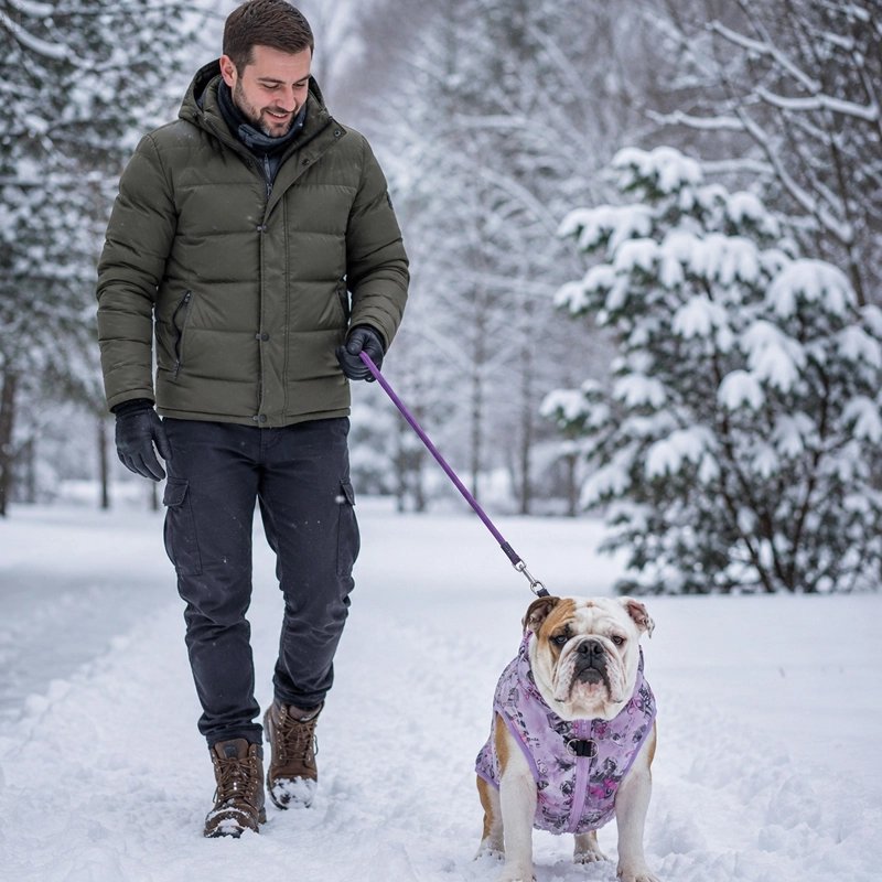Bulldog portant un manteau pour chien violet à motifs, en promenade sur un chemin enneigé.