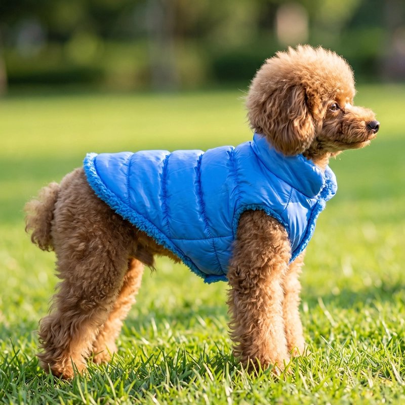 Caniche brun portant un manteau chien bleu matelassé sur l’herbe en extérieur.
