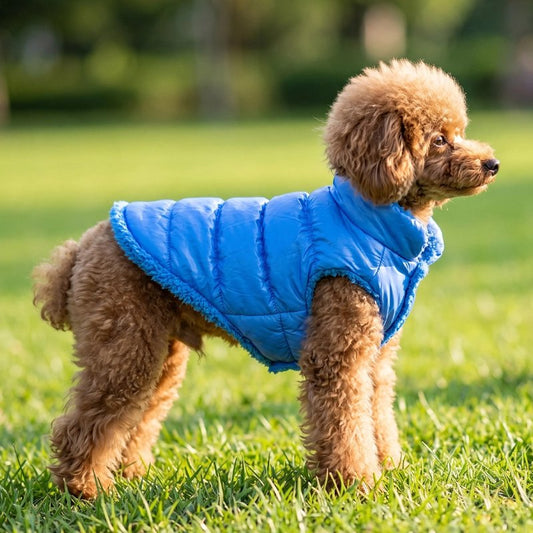 Caniche brun portant un manteau chien bleu matelassé sur l’herbe en extérieur.