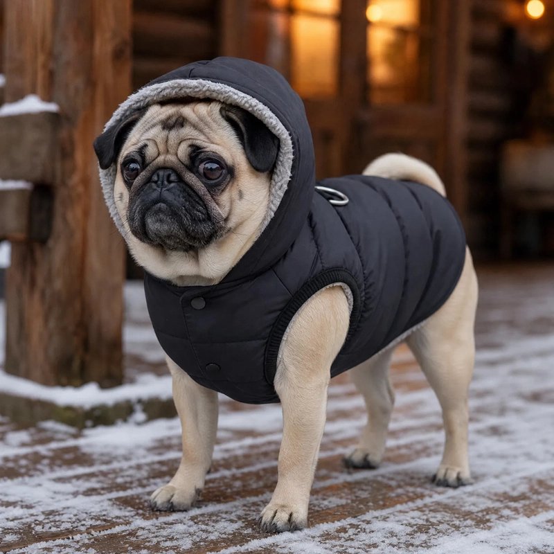 Carlin portant un manteau pour chien noir matelassé avec capuche en polaire sur un sol enneigé.