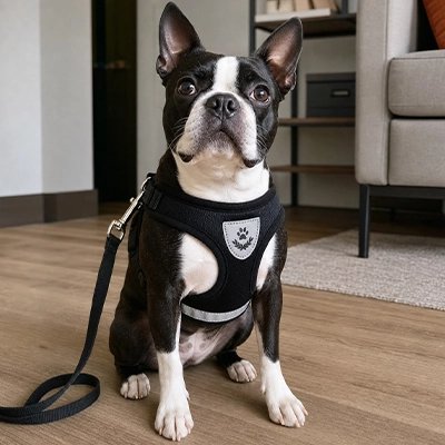 « Chien assis dans une maison portant un harnais chien noir