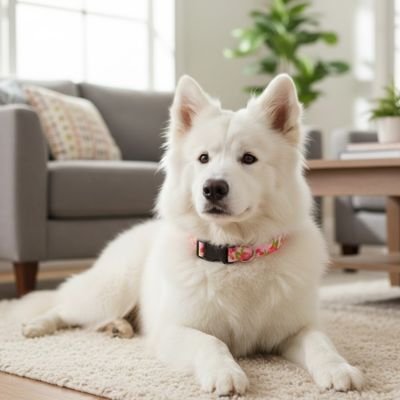 Chien blanc à poils longs allongé sur un tapis dans un salon, portant un collier chien coloré à motif de roses