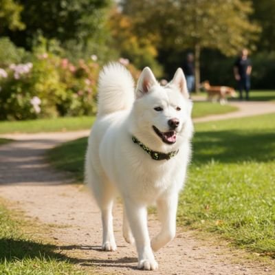 Chien blanc à poils longs marchant sur un sentier dans un parc, portant un collier chien.