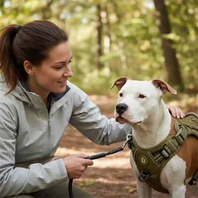 Chien blanc avec sa maîtresse accroupie devant lui dans la forêt, portant un harnais chien anti traction kaki foncé 