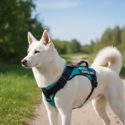 Chien blanc dans un chemin à la campagne portant un harnais anti traction chien vert