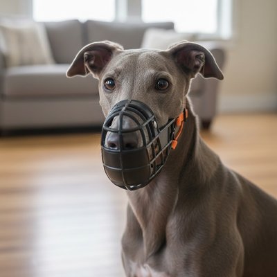Chien gris portant une muselière pour chien panier noir dans un salon lumineux