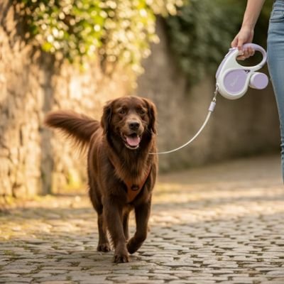 Chien marron en promenade avec une laisse chien enrouleur tenue par une personne sur un chemin pavé.