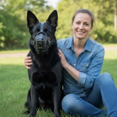 Chien noir avec muselière pour chien, assis près de son maître dans un parc.
