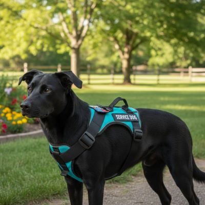 Chien noir dans un espace vert avec un harnais anti traction chien ajustable