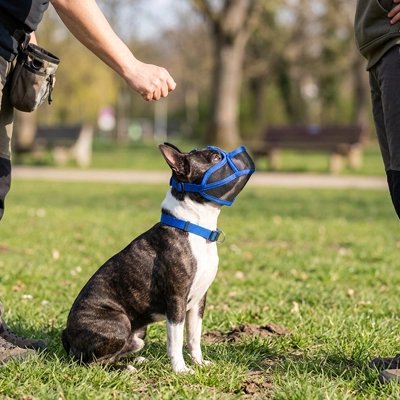 Chien noir et blanc équipé d’une muselière pour chien bleue pendant un entraînement.