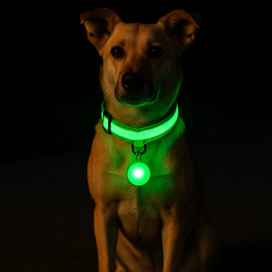 Chien portant un collier lumineux pour chien vert dans l’obscurité.