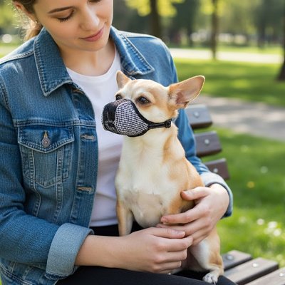 Chihuahua avec muselière pour chien tenu par son propriétaire au parc