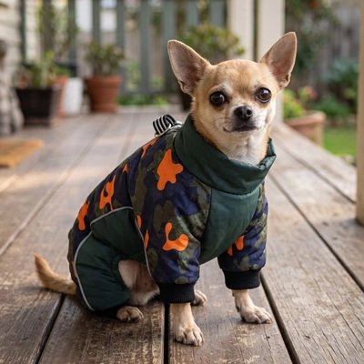 Chihuahua portant un manteau pour chien camouflage vert avec accents orange sur un porche extérieur.