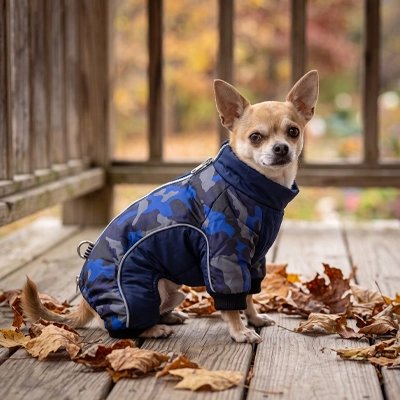 Chihuahua portant un manteau pour chien camouflage bleu sur un deck entouré de feuilles d’automne.