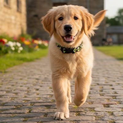 Chiot Golden Retriever marchant sur un chemin pavé, portant un collier chien noir à motif d'os vert.
