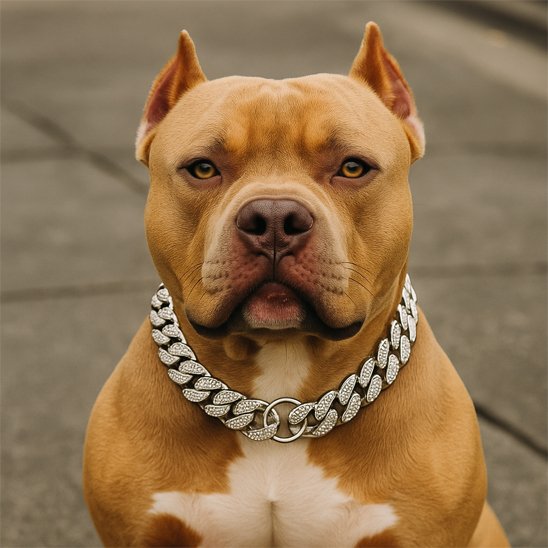 Collier pour chien chaîne cubaine argentée sertie de strass sur American Bully