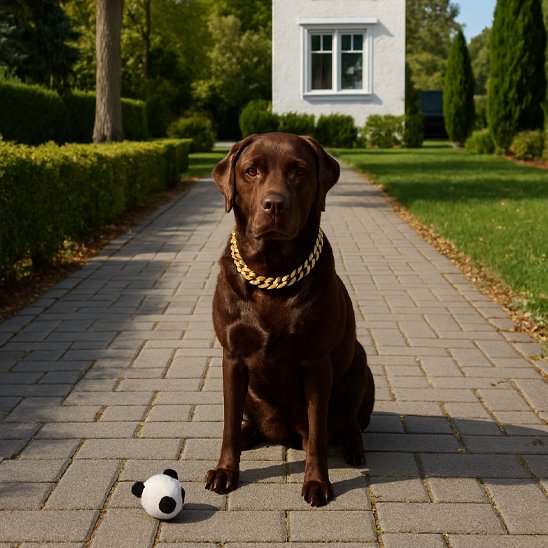 Collier pour chien chaîne dorée élégante porté par un Labrador chocolat