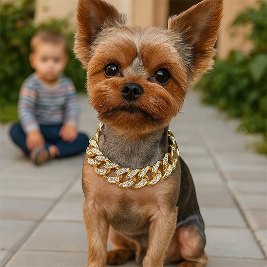 Collier pour chien doré style chaîne cubaine porté par un Yorkshire Terrier