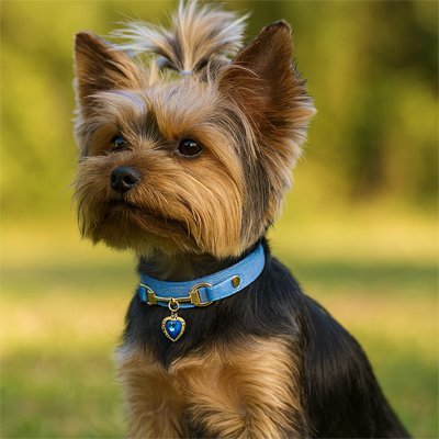 Collier pour chien en cuir bleu et breloque cœur doré sur Yorkshire Terrier