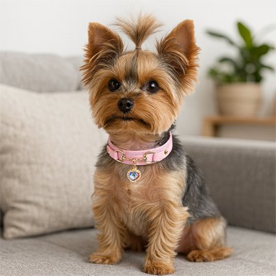 Collier pour chien rose en cuir avec médaillon strass sur Yorkshire Terrier