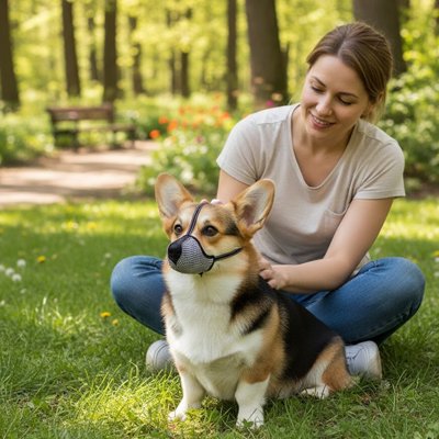 Corgi équipé d’une muselière pour chien pendant un moment de détente en extérieur.
