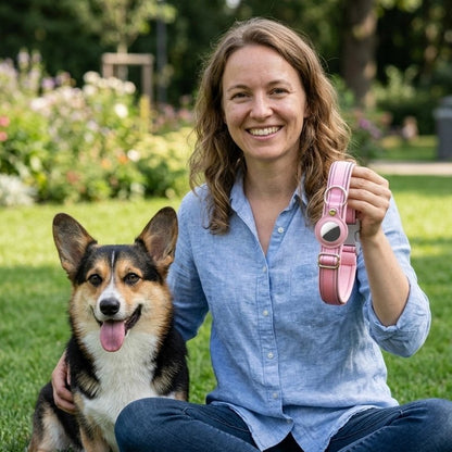 Corgi tricolore assis dans un parc pendant qu’une personne tient un collier chien rose avec dispositif de suivi.