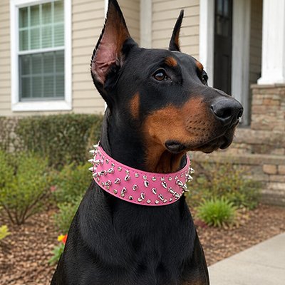 Doberman noir et feu debout devant une maison, portant un collier en cuir pour chien rose décoré de pointes métalliques.