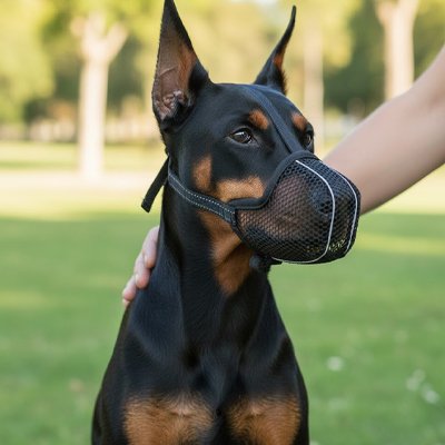 Doberman portant une muselière pour chien dans un espace vert.