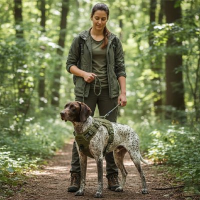Femme debout tenant son chien portant un harnais chien anti traction vert armé sur un sentier forestier