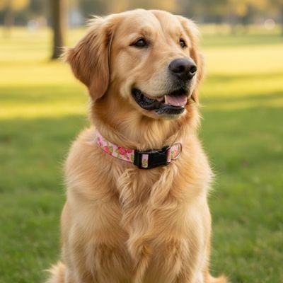 Golden Retriever assis sur l’herbe dans un parc, portant un collier chien noir à motif d'os vert.