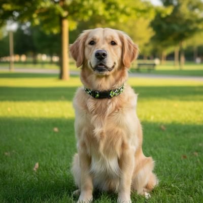 Golden Retriever assis sur l’herbe dans un parc, portant un collier chien noir avec des os vert.