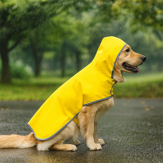 Golden Retriever assis sur un sol mouillé portant un manteau chien jaune à capuche lors d’une journée pluvieuse dans un parc.