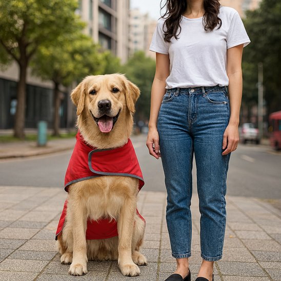 Golden Retriever assis sur un trottoir portant un manteau chien rouge, à côté d’une personne dans une rue urbaine.