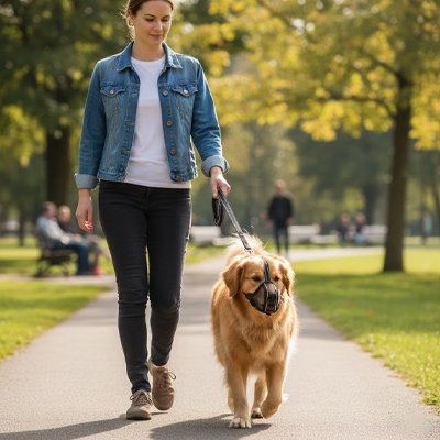 Golden Retriever avec muselière pour chien en promenade sur un sentier.