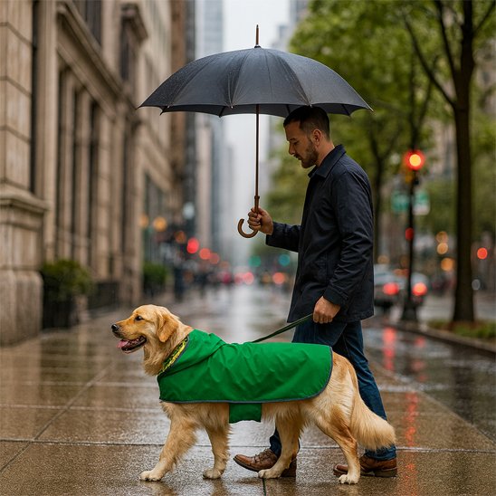 Golden Retriever en manteau chien vert marchant avec son maître sous la pluie dans une rue de ville.
