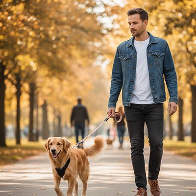 Golden retriever en promenade avec une laisse pour chien rétractable tenue par une personne sur un chemin d’automne.