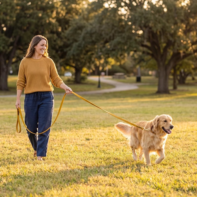 Golden retriever en promenade avec une longe pour chien dans un parc ensoleillé.